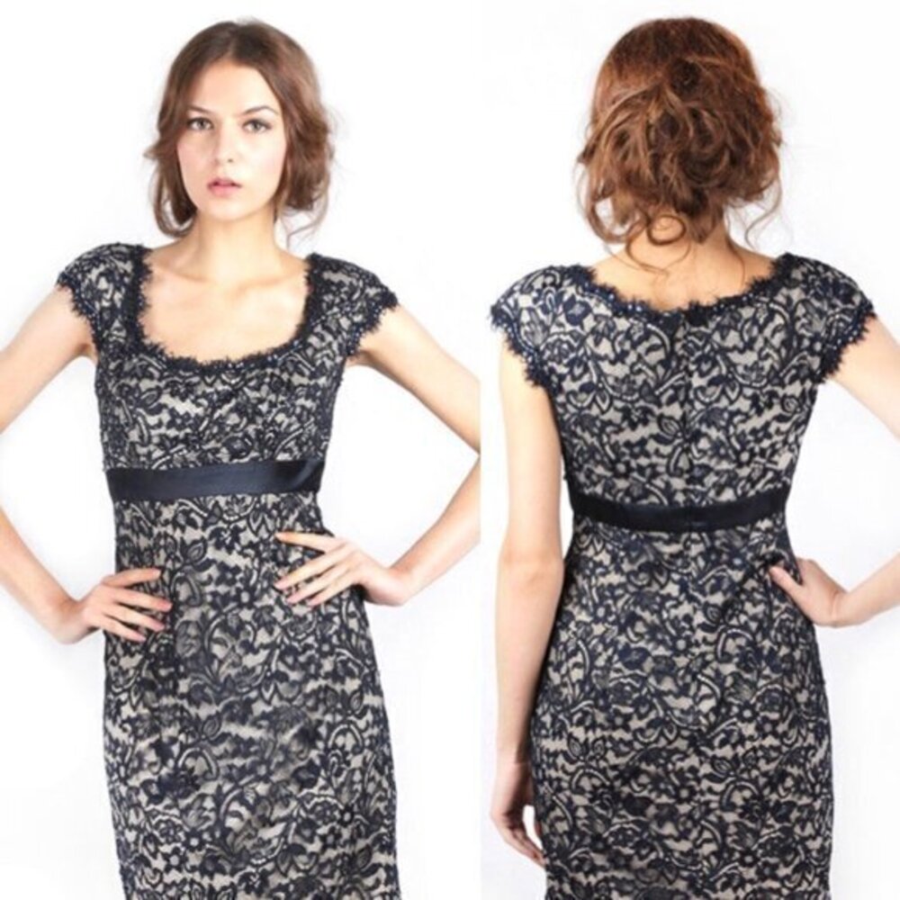Tadashi Shoji Collection 6 Floral Lace Blue Cocktail Dress Midi Beaded Sequin